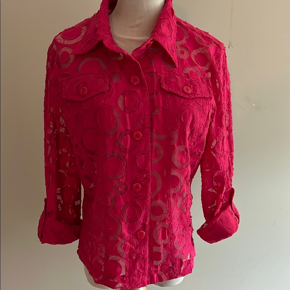 Ruby Rd Pink Lace Button Down Shirt with Rolled Sleeves